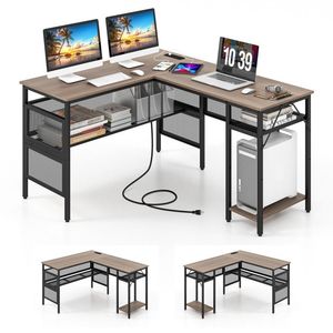 Escritorio de Computadora en Forma de L de Madera con Estación de Carga y Estante Ajustable - Product Image 2