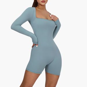 Combinaison de yoga une pièce unie pour femme, personnalisable en gros, à manches longues ou sans manches, coupe ajustée, avec short intégré pour l'entraînement - Product Image 2