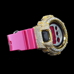 Reloj de Lujo con Incrustaciones de Moissanita, Esfera Digital Rosa, Acabado Dorado, Correa de Silicona, Estilo Hip Hop, Diseño Exclusivo - Product Image 6