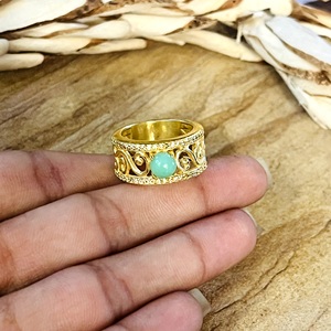 Trendy Turquoise <b>Rings</b> Boho Brass Band Jewelry Women 18k Gold Plated Filigree Scroll Ethnic <b>Statement</b> <b>Ring</b> for Wholesale/OEM/ODM - Product Image 4