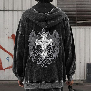 Vintage Goth Punk Zip Up Hoodies for Men Grunge Streetwear Oversized Gothic <b>Cross</b> Graphic Acid Wash Sweatshirt <b>Tops</b> - Product Image 3