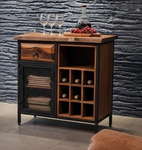 <b>Rustic</b> Solid Mango Wood Bar <b>Cabinet</b> with Wine Storage and Metal Mesh Door Freestanding Console for Drinks Organization - Product Image 2