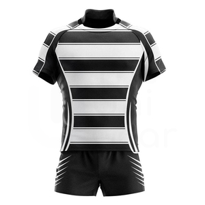 Conjunto de Camiseta y Pantalones Cortos de Rugby para Hombre, Rayas Blancas y Negras Sublimadas, 100% Poliéster, Ajustado, Manga Corta, Ropa Deportiva para Todas las Temporadas - Product Image 1