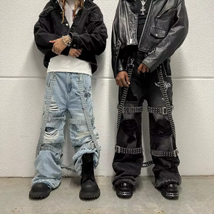 2026 HaiYao High Quality Custom <b>Jeans</b> Ripped Distressed Rivet Wide Leg Streetwear Hiphop Y2K OEM ODM Cotton Men's Denim <b>Jeans</b> - Product Image 1