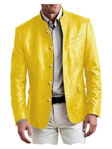 <b>Men's</b> Vintage PU Leather Stand Collar Blazer Gold Button Casual Business <b>Jacket</b> With Flap Pocket Front Slim Fit <b>Smart</b> Casual - Product Image 2