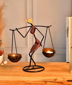 Iron Figurine Candle <b>Stand</b> with Straw <b>Hat</b> and Cloth Detail for Home Decoration - Product Image 1