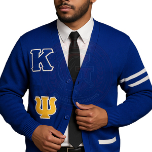 Cardigan en acrylique bleu roi pour homme, tricoté, avec logo brodé de lettres grecques, léger, style universitaire - Product Image 1