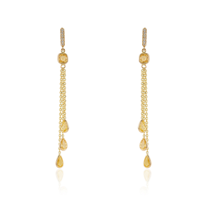Latest Women's Design Light Weight Yellow Sapphire & <b>Diamond</b> Triple Link Chain Drop <b>Earrings</b> Real K14 Solid Gold Bulk Jewelry - Product Image 1