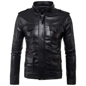 Men's PU Leather Moto Jacket Stand Collar Solid Color Slim Fit Regular Length Autumn Wear - Product Image 5