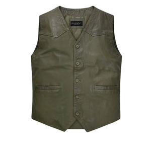 Gilet en cuir véritable vert olive à col en V pour homme Leathercult, à simple boutonnage - Product Image 1