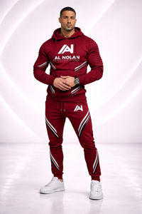 ชุดวอร์มพรีเมี่ยมเบอร์กันดีสำหรับผู้ชาย-ชุดวิ่งมีฮู้ดติดโลโก้ตามสั่งชุดออกกำลังกายแนวสตรีทรัดรูป - Product Image 4