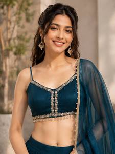 Ensemble Lehenga traditionnel indien pour femmes, couleur turquoise, longueur au sol, coupe ample, avec dupatta, pour les occasions de mariage - Product Image 6