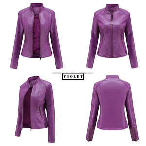 Chaqueta de cuero estilo moto para mujer al por mayor otoño viscosa púrpura motorista diseño ajustado cierre de cremallera cuello levantado transpirable - Product Image 4