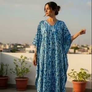 Vestido Kaftán Maxi Corto Tradicional para Mujer, Verano, Ecológico, Hecho a Mano, Cuello en V, Manga Larga, Corte Holgado, Algodón Tie Dye Voile - Product Image 1