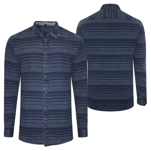Chemise en jean délavé pour homme Shadow Stripe Navy, coton, manches longues, lignes horizontales, double poches, style décontracté - Product Image 3