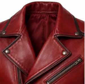 Veste en cuir véritable pour homme, rouge, style motard, fermeture éclair, col rabattu, coupe ajustée, automne - Product Image 2