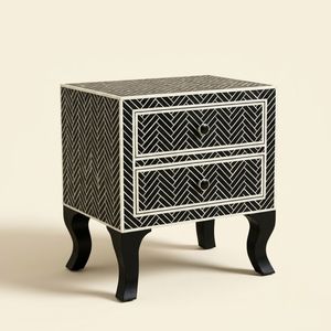 <b>Black</b> Bone Inlay 2 <b>Drawer</b> <b>Bedside</b> table Chevron Stripe Pattern Nightstand Artisan bedroom Furniture Bone Inlay Table - Product Image 1