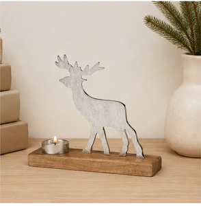 Moderno Portavelas de Metal con Forma de Reno y Base de Madera de Mango Natural, Plateado, Decoración Rústica Navideña para Mesa, Venta al por Mayor - Product Image 3
