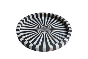 Plateau de service rond fait main en os incrusté, motif soleil noir et blanc, en bois décoratif, pour table basse ottoman, rangement et petit-déjeuner - Product Image 5
