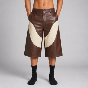 <b>Mens</b> Color Blocked Leather Look Bermuda <b>Shorts</b> Mid Waist Button Fly Street Style Panelled Design Solid Gray <b>Black</b> - Product Image 2