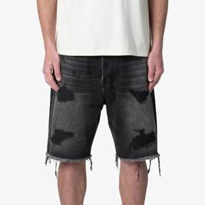 Shorts en jean vintage pour hommes, coupe droite, style streetwear d'été, personnalisés, baggy, effet usé, en denim de coton délavé foncé - Product Image 6