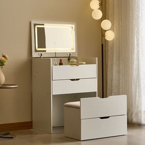 3-in-1 Small Vanity Desk Set Visible Glass Tabletop 3 Drawers for Apartment Features LED Mirror Lights Storage Bench 3 Colors - Product Image 2