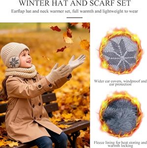 Ensemble bonnet, gants et écharpe en tricot beige pour l'hiver, 3 pièces, bonnet à rabats pour les oreilles, cache-cou à flocons de neige, unisexe, adultes - Product Image 3