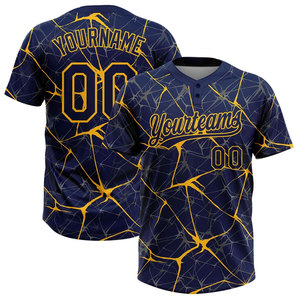 Maillot de baseball personnalisé avec impression par sublimation Yourteams 00, manches courtes pour homme, design géométrique, anti-transpiration, bleu marine et or - Product Image 1