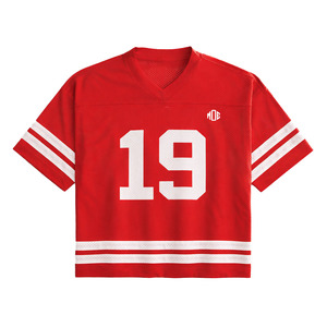 เสื้อเจอร์ซีย์อเมริกันฟุตบอลตาข่ายระบายอากาศขนาดใหญ่ สีแดง สไตล์สตรีทแวร์ พิมพ์ลายหมายเลข คอวี ทรงสปอร์ต เสื้อยืด OEM ODM สำหรับผู้ชาย - Product Image 1