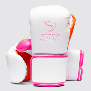 ถุงมือชกมวยรุ่นล่าสุด ดีไซน์ Fly สีขาว ชมพู ส้ม สายรัดแบบปิด คุณภาพพรีเมียม หนังวัวแท้ สำหรับมืออาชีพ - Product Image 1