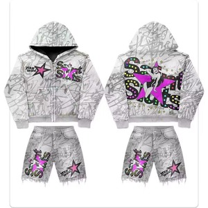 <b>Zip</b> Up <b>Hoodie</b> and Shorts Set Men <b>Full</b> <b>Zip</b> <b>Hoodie</b> Mesh Shorts Two Piece Puff Print Logo Heavyweight Cotton Streetwear OEM - Product Image 2