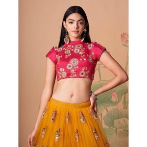 Impressionnant miroir jaune travail Lehenga Choli filet de réception filet décoratif élégant miroir jaune pièce décorative - Product Image 4