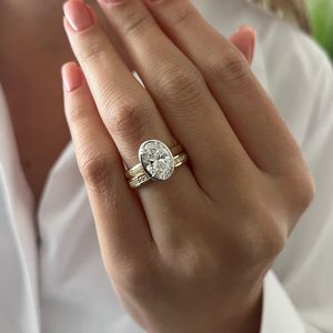 2 Carat E VVS2 Oval Lab Diamond Thick Bezel-Prong Set Cathedral Flush Fit <b>Engagement</b> <b>Ring</b> Set, <b>UNIQUE</b> Bridal Set - Product Image 1