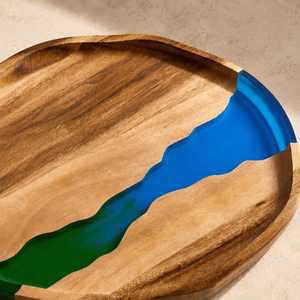 2026 Luxury Aurora River <b>Epoxy</b> Resin & Solid Acacia Wood Serving Tray with Premium Gold Metal Handles for Modern Home Décor - Product Image 4
