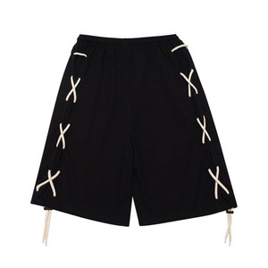 Custom Style Men's Black Casual Shorts With Criss-Cross Side <b>Lacing</b> <b>Elastic</b> Waist Mid Length Solid Color Design - Product Image 2