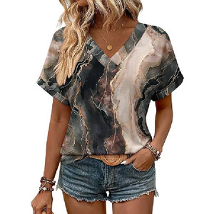 Blusa de Verano Casual Elegante para Mujer con Estampado de Mármol y Gráficos de Vetas Doradas, Cuello en V y Manga Corta, Venta al por Mayor - Product Image 1