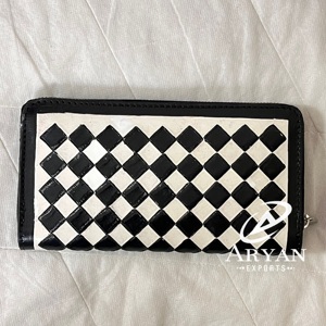 Handmade Genuine Cowhide Leather Zipper <b>Wallet</b> Black & White Checkered Pattern Long Clutch Card Holder Premium Western Style - Product Image 1