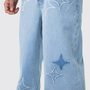 Jeans de Mezclilla Personalizados de Alta Calidad para Hombre, Jeans Holgados con Costuras Reforzadas, Parches Desgastados y Lavado a la Piedra - Product Image 3