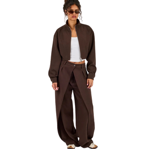 Women's <b>Cropped</b> Full Zip Tracksuit Set Stand Collar Contrast Trim Baggy <b>Jogger</b> Trousers Drawstring Waist Two Piece Casual Outfit - Product Image 6