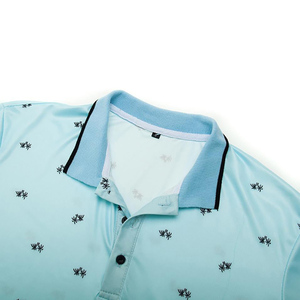 Men's Light <b>Blue</b> Short Sleeve <b>Polo</b> <b>Shirt</b> With Black Print Pattern Casual Breathable Knitted Fabric Regular Fit - Product Image 6