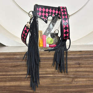 2026 Wholesale Transparent Tooled Pink & Black Checkered Leather Clear Fringe Handbag New Fashion Leather Crossbody Shoulder <b>Bag</b> - Product Image 4