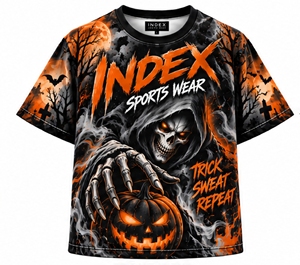 INDEX Men's Halloween Skull Printed <b>T</b>-<b>Shirt</b> Short Sleeve O-Neck Sporty Fit With <b>Pumpkin</b> And Bats Design - Product Image 1