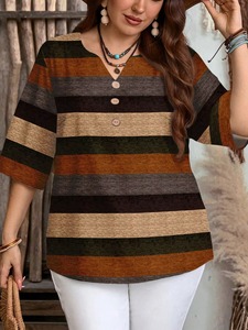 Camiseta Polo para Mujer, a Rayas, Manga Tres Cuartos, Tejida, Informal, Holgada, con Estampado Multicolor, Transpirable, de Poliéster - Product Image 6