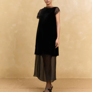 Robe midi d'été asymétrique en organza de soie tissé, voile transparent, boutonnée, rayée, respirante, coupe droite ample, décontractée, élégante, Vietnam - Product Image 1