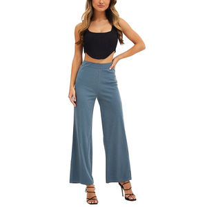 Women's High <b>Waist</b> Wide Leg Pants Solid Color <b>Elastic</b> <b>Waist</b> Loose Fit Full Length Knitted Cotton Spandex Summer Casual Pants - Product Image 1
