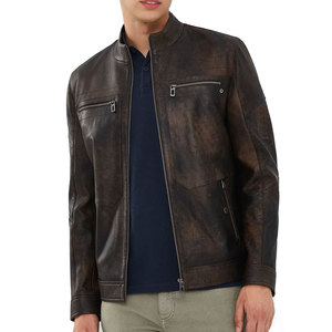 Men's Brown Cow Leather Moto Jacket Stand Collar Zipper Closure Regular Sleeve Autumn Biker Style Solid Color Slim Fit - Product Image 6