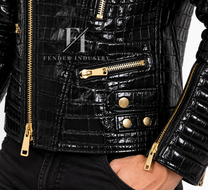Veste en cuir de crocodile personnalisée pour homme, veste de motard en cuir de crocodile noir gaufré, veste en cuir véritable, streetwear moto - Product Image 6