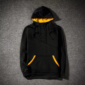 Sudadera con Capucha Negra para Hombre con Forro Amarillo y Bolsillos, Cierre de Botones, Estilo Casual, Corte Regular, para Otoño - Product Image 5