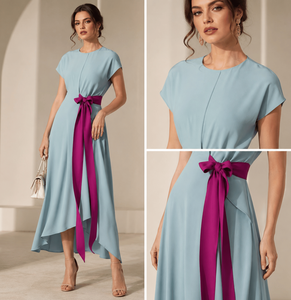 Elegant Satin Midi <b>Dress</b> With Asymmetric Hem And Purple Ribbon Bow Cap Sleeve O-Neck A-Line Party <b>Dress</b> Support Custom Design - Product Image 4