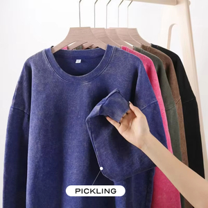 Unisex Custom 350gsm Vintage Rundhals-Sweatshirt Hoodie Washed Jumper Blank mit Logo-Design für Männer Solid <span class=keywords><strong>Pattern</strong></span> für den Frühling - Product Image 2